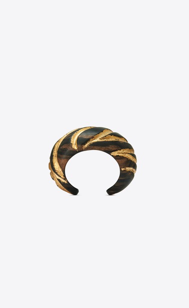 Zebra-patterned cuff bracelet in brown and gold wood